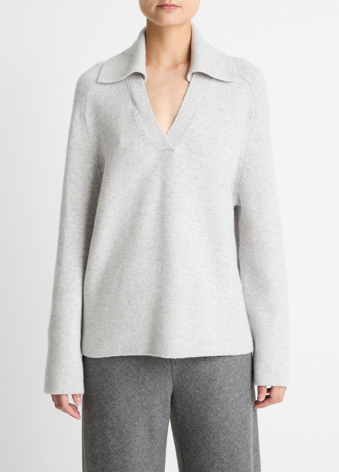 Wool & Cashmere-Blend Oversized Polo Sweater in V-Neck HEATHER PALE GREY | VINCE Women