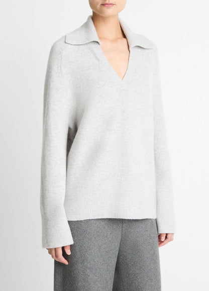 Wool & Cashmere-Blend Oversized Polo Sweater in V-Neck HEATHER PALE GREY | VINCE Women