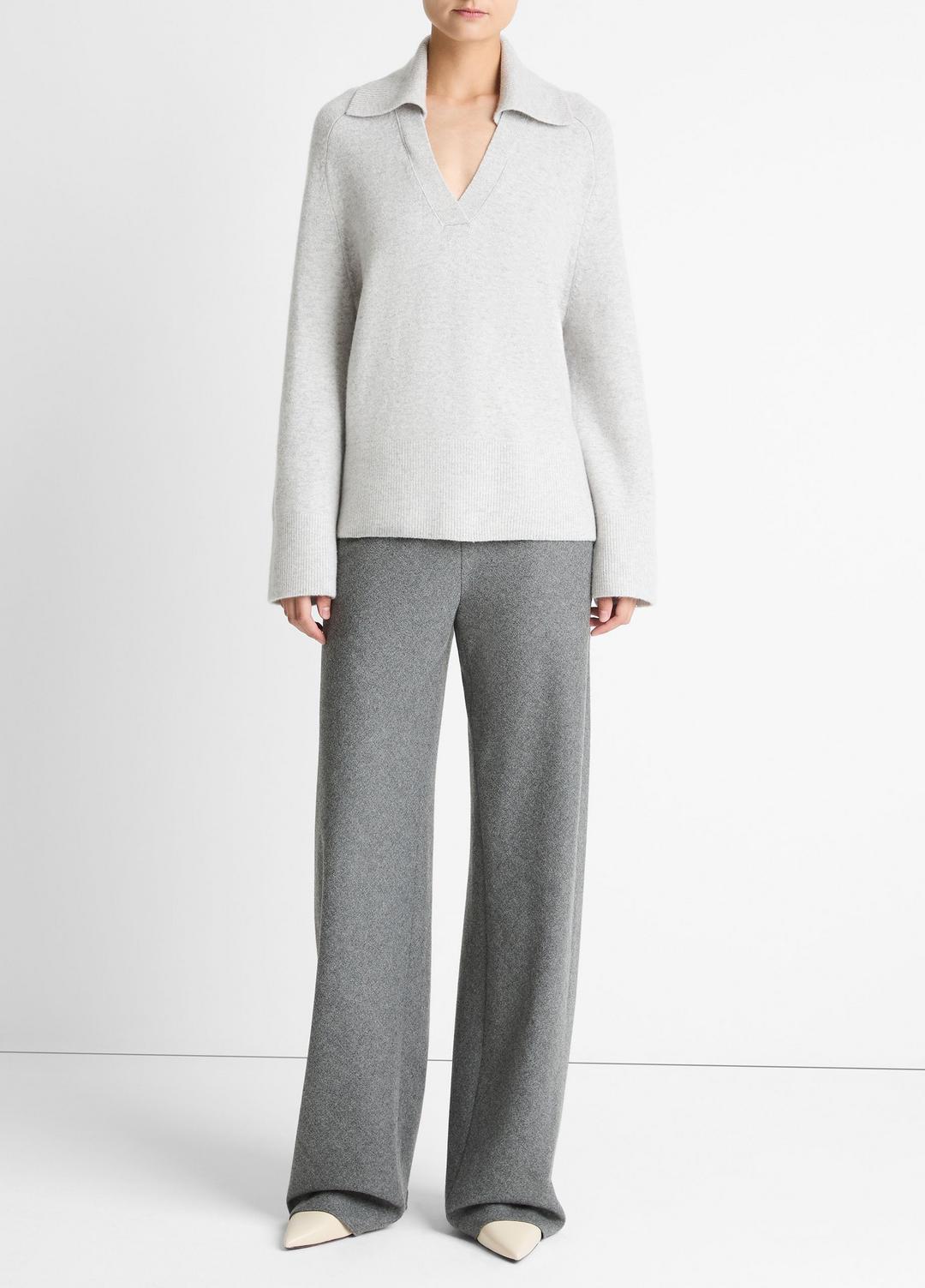 Wool & Cashmere-Blend Oversized Polo Sweater in V-Neck HEATHER PALE GREY | VINCE Women