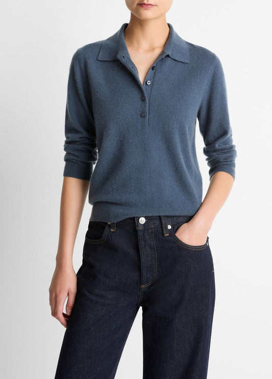 Cashmere-Silk Polo Sweater in Cashmere AZURA | VINCE Women
