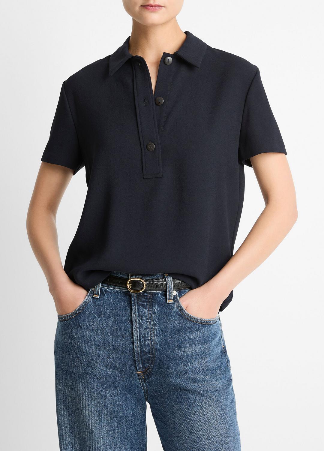 Crepe Polo Shirt in Short Sleeve COASTAL BLUE | VINCE Women