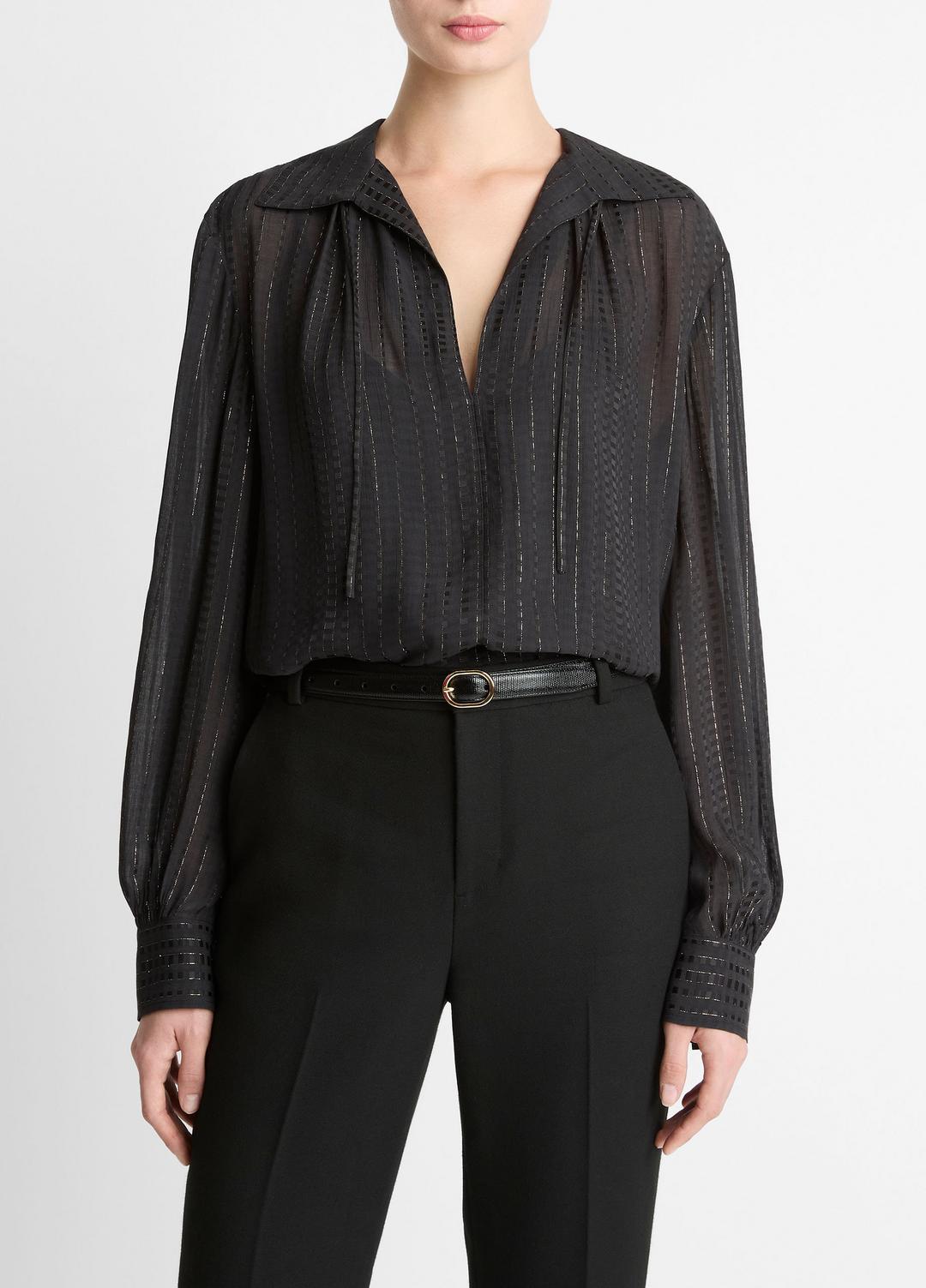 Metallic-Stripe Gathered Blouse in Long Sleeve BLACK | VINCE Women