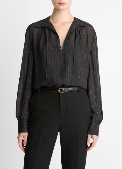 Metallic-Stripe Gathered Blouse in Long Sleeve BLACK | VINCE Women