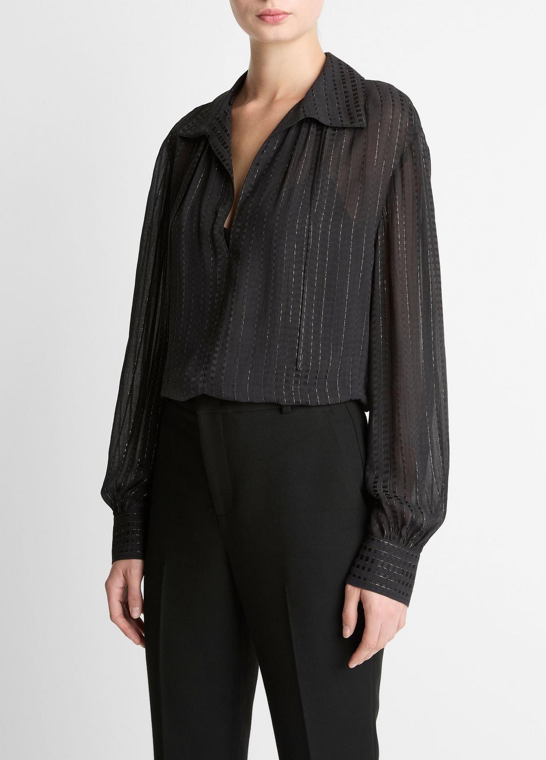 Metallic-Stripe Gathered Blouse in Long Sleeve BLACK | VINCE Women