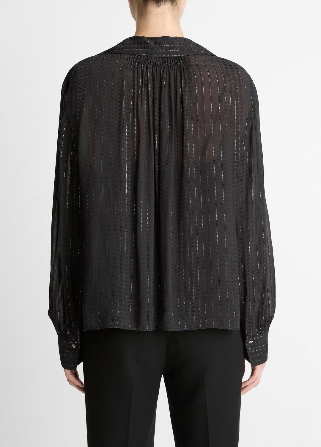 Metallic-Stripe Gathered Blouse in Long Sleeve BLACK | VINCE Women