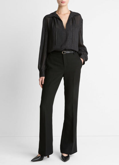 Metallic-Stripe Gathered Blouse in Long Sleeve BLACK | VINCE Women