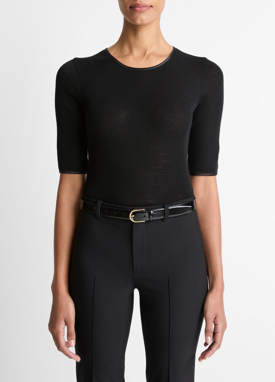Satin-Trim Wool Elbow-Sleeve T-Shirt in Short Sleeve BLACK | VINCE Women