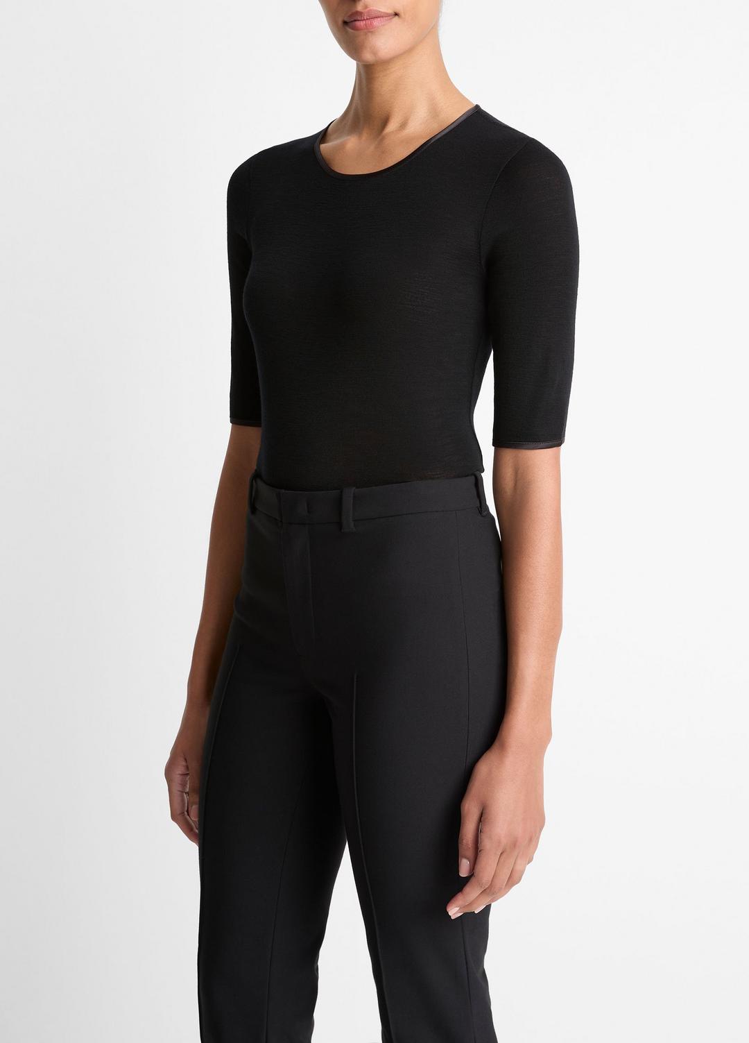 Satin-Trim Wool Elbow-Sleeve T-Shirt in Short Sleeve BLACK | VINCE Women