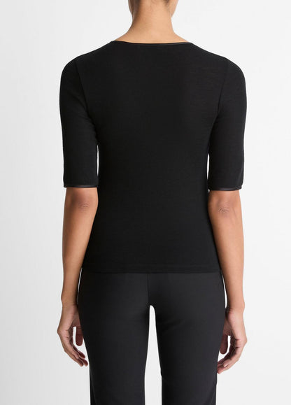 Satin-Trim Wool Elbow-Sleeve T-Shirt in Short Sleeve BLACK | VINCE Women