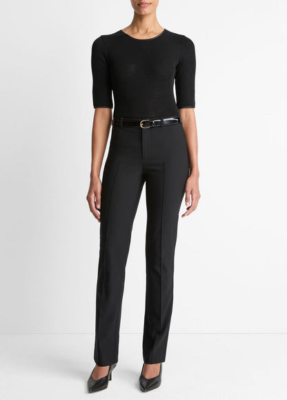 Satin-Trim Wool Elbow-Sleeve T-Shirt in Short Sleeve BLACK | VINCE Women