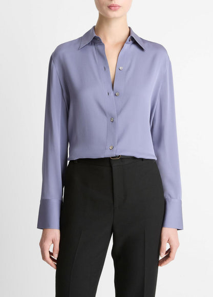 Stretch-Silk Button-Front Blouse in Long Sleeve MAUVE IRIS | VINCE Women