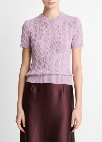 Cable-Knit Wool & Cashmere-Blend Short-Sleeve Sweater in Crew Neck AMETHYST | VINCE Women
