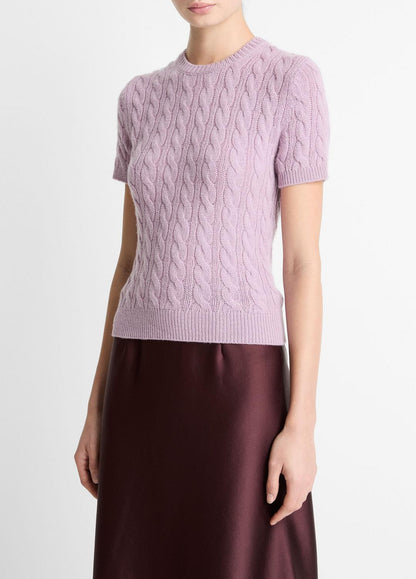 Cable-Knit Wool & Cashmere-Blend Short-Sleeve Sweater in Crew Neck AMETHYST | VINCE Women