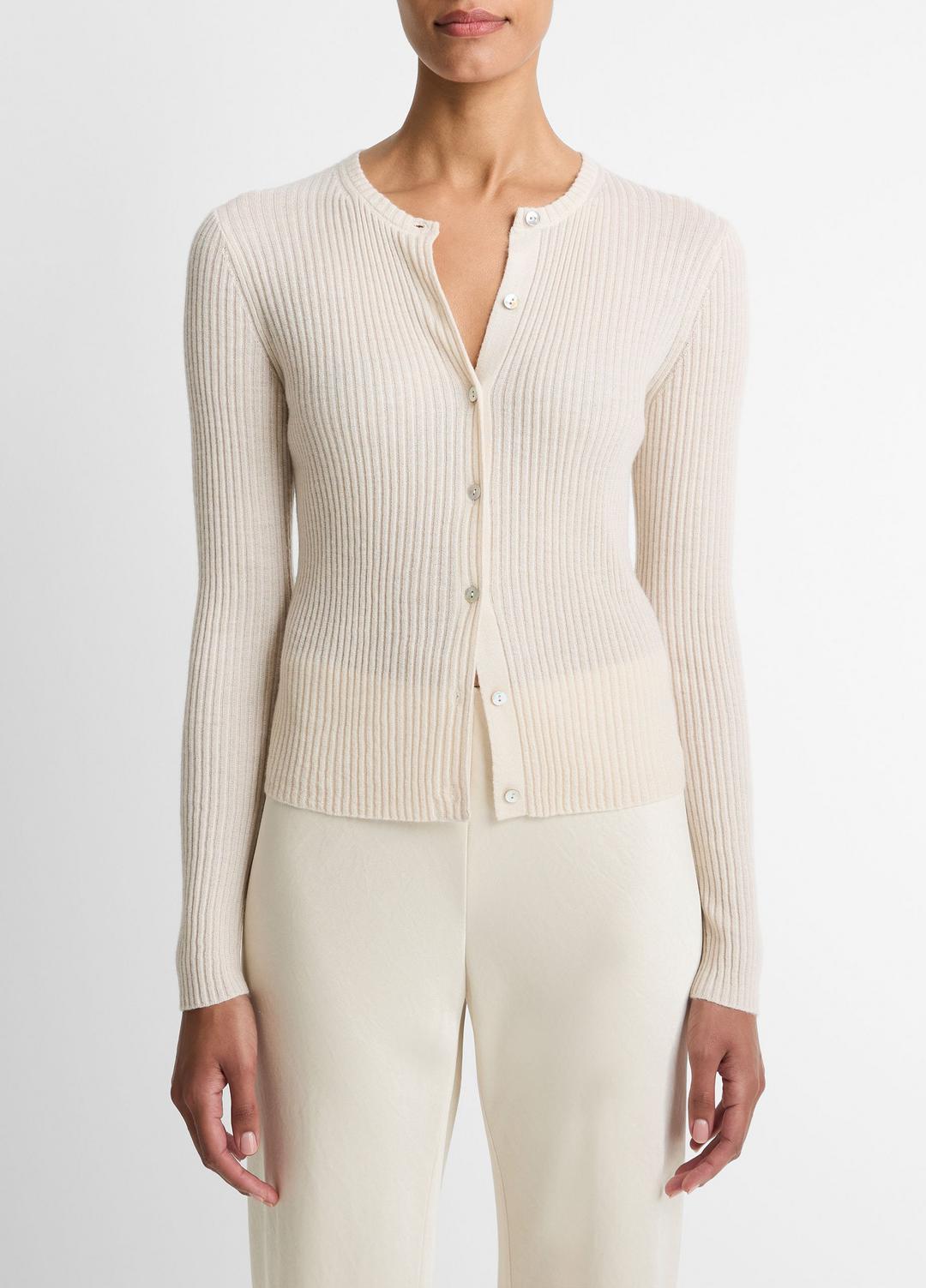 Ribbed Cashmere-Silk Cardigan in Cardigans WHITE SAND | VINCE Women