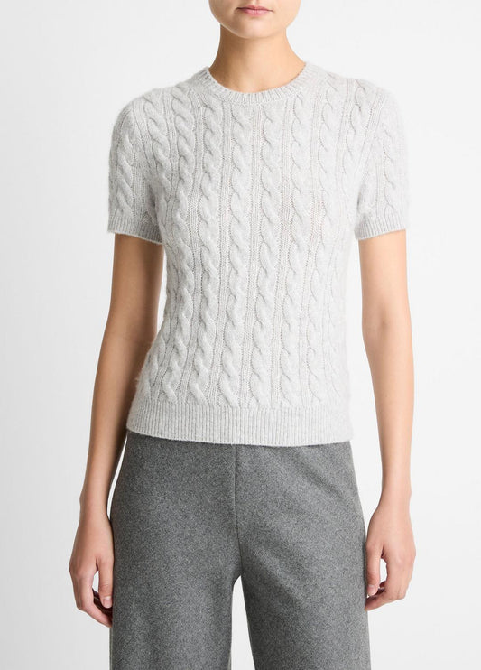 Cable-Knit Wool & Cashmere-Blend Short-Sleeve Sweater in Crew Neck HEATHER PALE GREY | VINCE Women