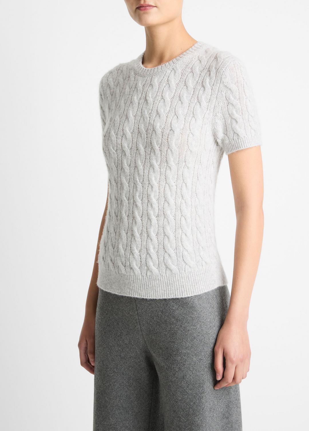 Cable-Knit Wool & Cashmere-Blend Short-Sleeve Sweater in Crew Neck HEATHER PALE GREY | VINCE Women