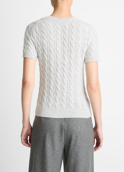 Cable-Knit Wool & Cashmere-Blend Short-Sleeve Sweater in Crew Neck HEATHER PALE GREY | VINCE Women