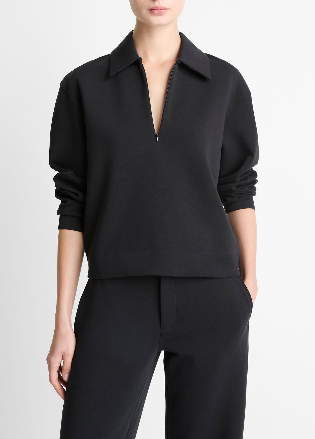 Cotton-Blend Half-Zip Pullover in Long Sleeve BLACK | VINCE Women