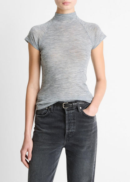 Wool Raglan Cap-Sleeve Mock-Neck Top in Short Sleeve HEATHER THISTLE | VINCE Women