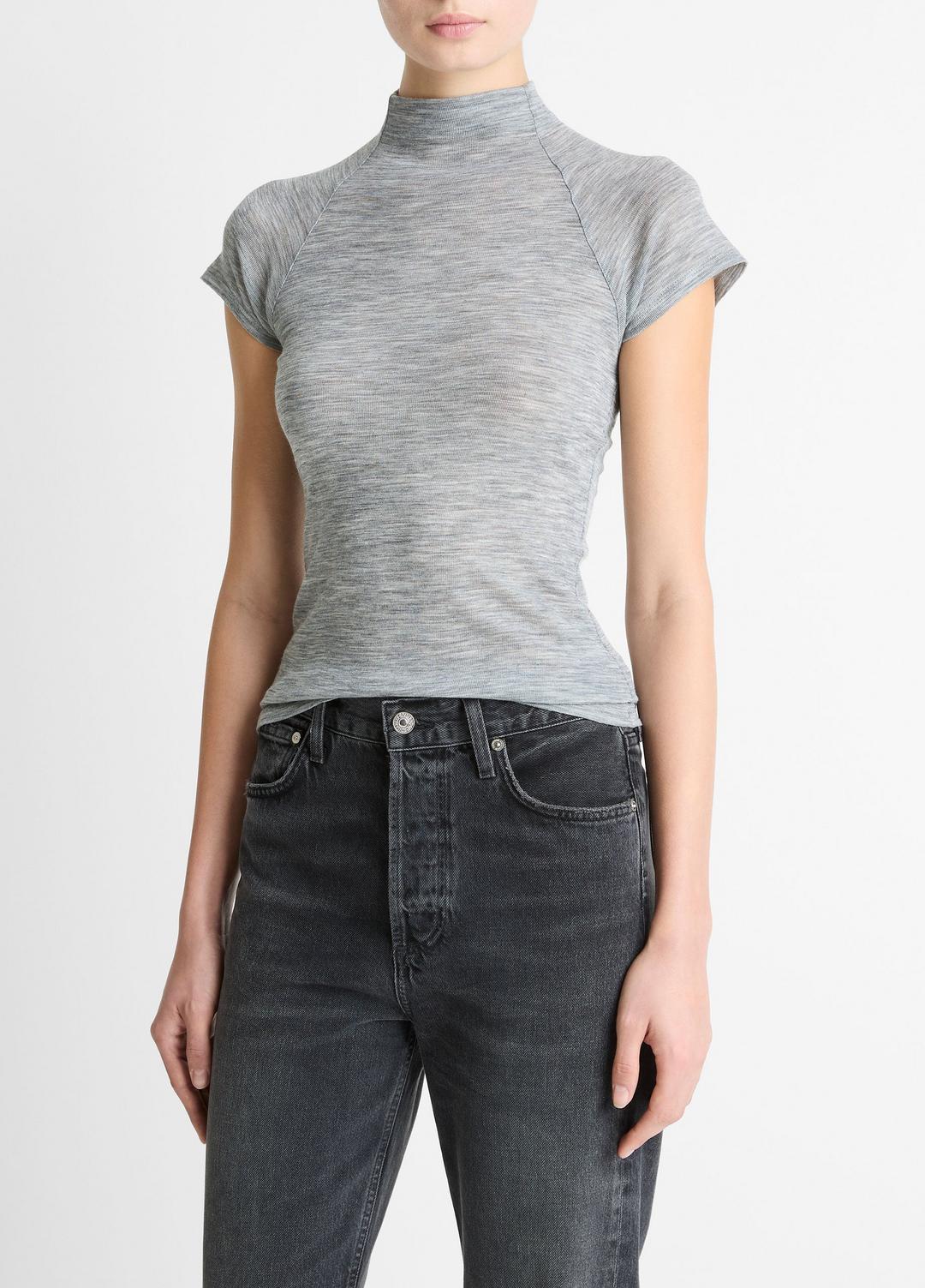 Wool Raglan Cap-Sleeve Mock-Neck Top in Short Sleeve HEATHER THISTLE | VINCE Women