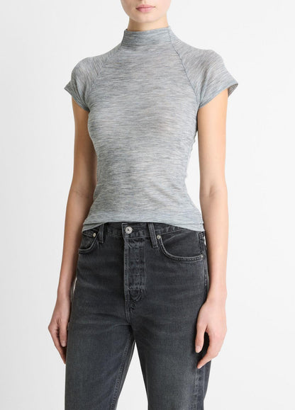 Wool Raglan Cap-Sleeve Mock-Neck Top in Short Sleeve HEATHER THISTLE | VINCE Women