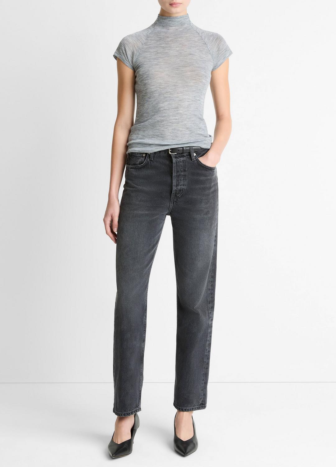 Wool Raglan Cap-Sleeve Mock-Neck Top in Short Sleeve HEATHER THISTLE | VINCE Women