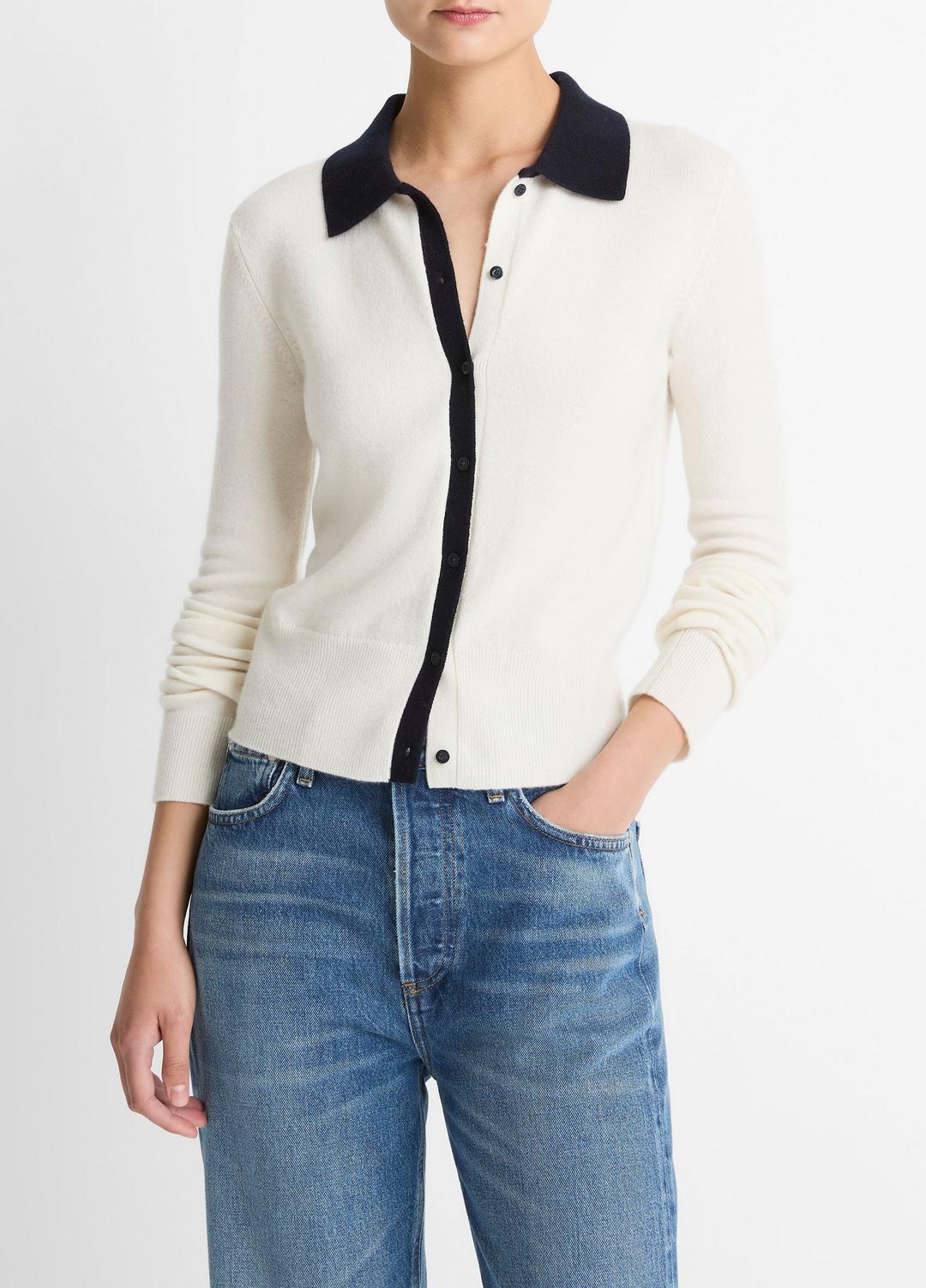 Contrast-Trim Wool & Cashmere-Blend Collared Cardigan in Cardigans OFF WHITE/COASTAL BLUE | VINCE Women