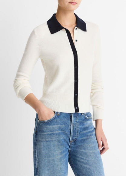 Contrast-Trim Wool & Cashmere-Blend Collared Cardigan in Cardigans OFF WHITE/COASTAL BLUE | VINCE Women