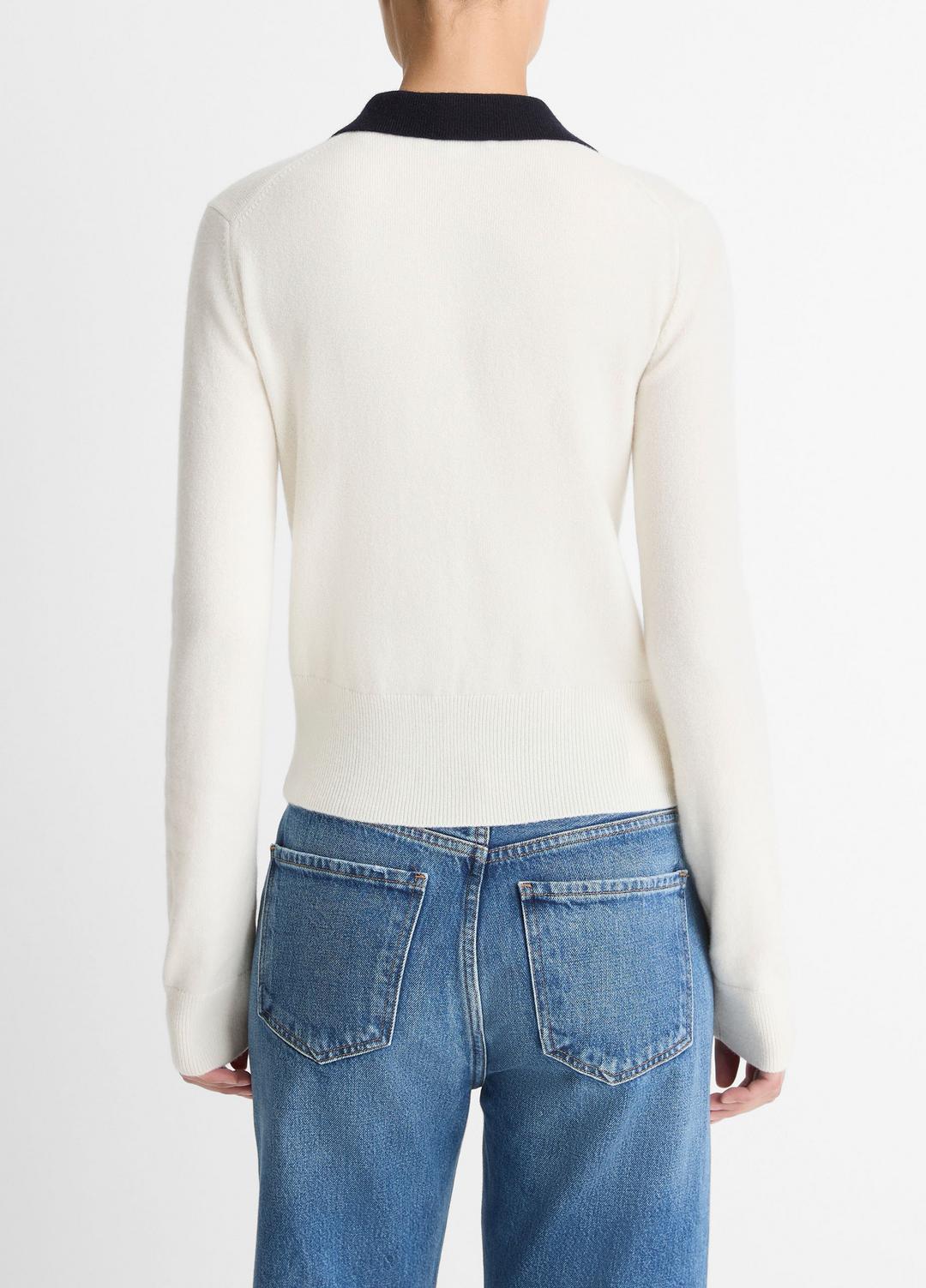 Contrast-Trim Wool & Cashmere-Blend Collared Cardigan in Cardigans OFF WHITE/COASTAL BLUE | VINCE Women