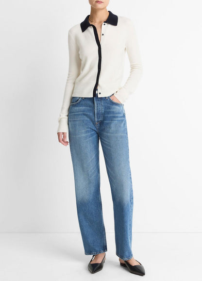 Contrast-Trim Wool & Cashmere-Blend Collared Cardigan in Cardigans OFF WHITE/COASTAL BLUE | VINCE Women
