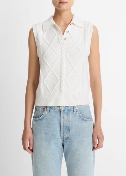 Cable-Knit Wool & Cotton-Blend Sweater Vest in V-Neck OFF WHITE | VINCE Women