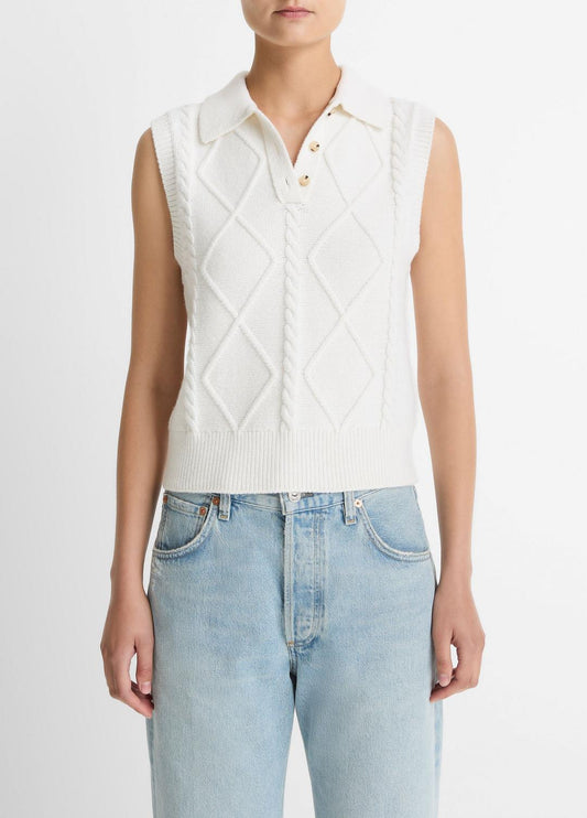 Cable-Knit Wool & Cotton-Blend Sweater Vest in V-Neck OFF WHITE | VINCE Women