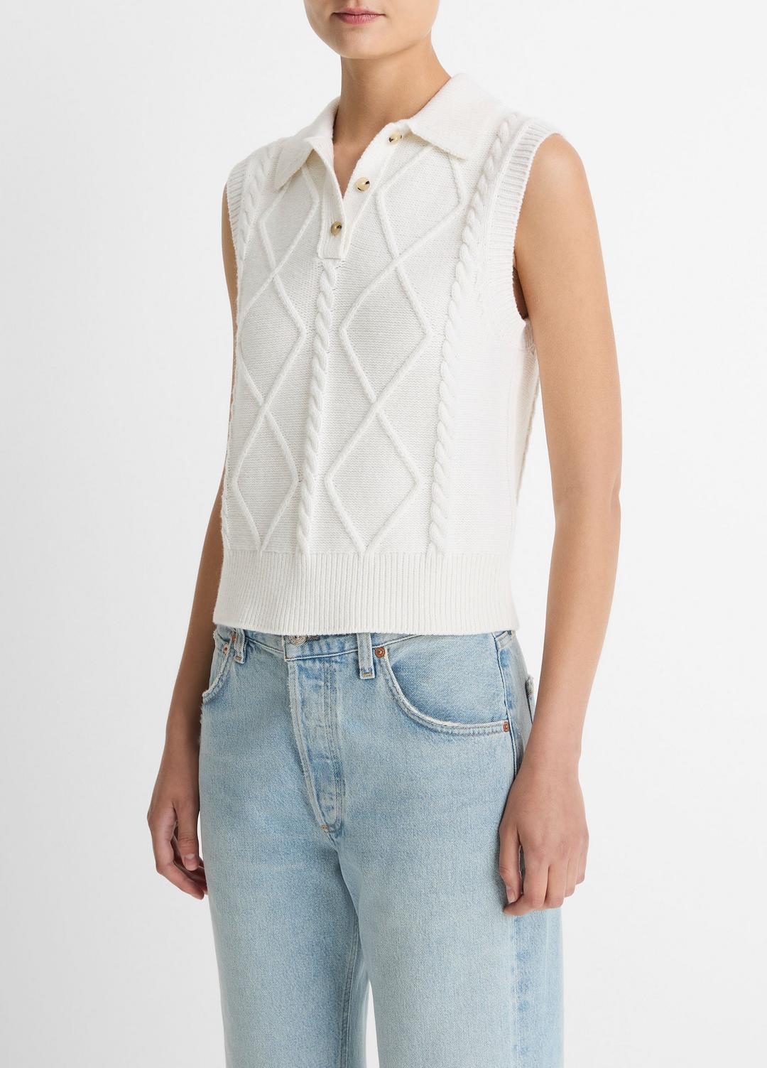 Cable-Knit Wool & Cotton-Blend Sweater Vest in V-Neck OFF WHITE | VINCE Women