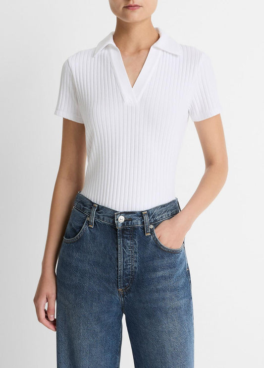 Ribbed Cotton-Blend Polo Shirt in Short Sleeve OPTIC WHITE | VINCE Women