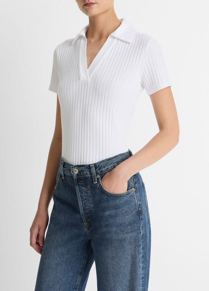 Ribbed Cotton-Blend Polo Shirt in Short Sleeve OPTIC WHITE | VINCE Women