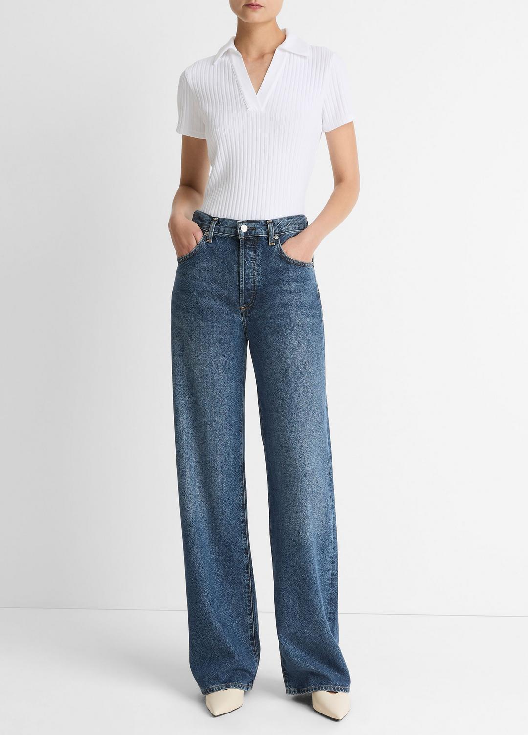 Ribbed Cotton-Blend Polo Shirt in Short Sleeve OPTIC WHITE | VINCE Women