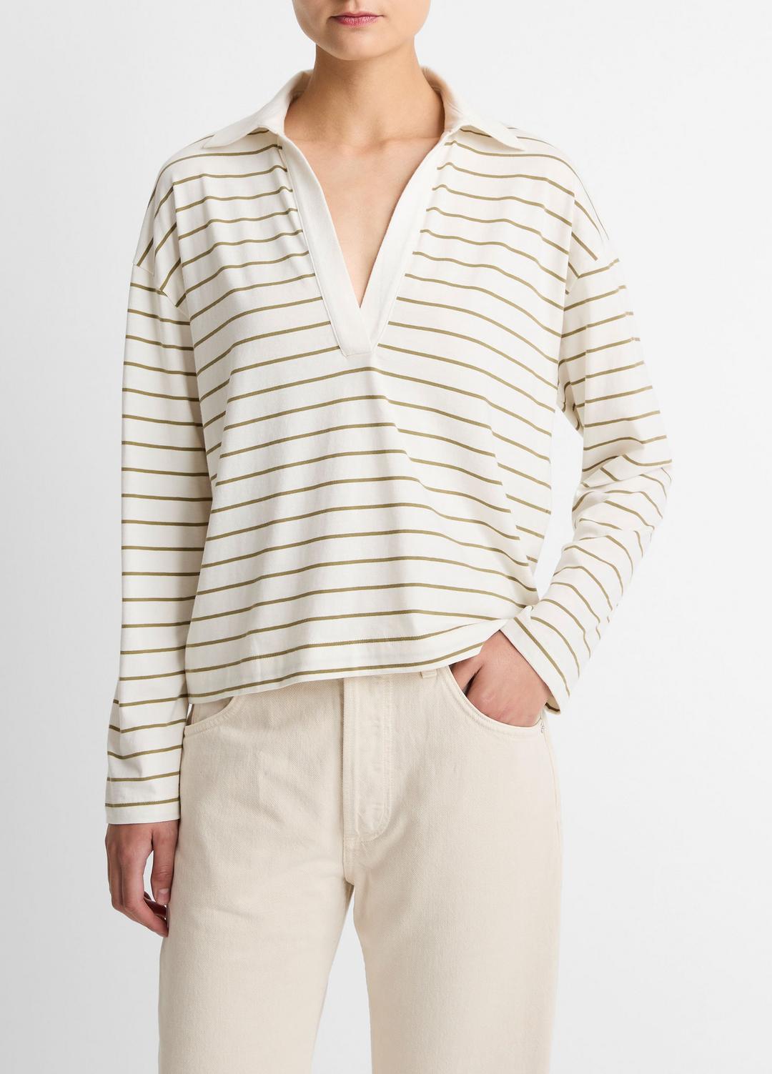 Striped Cotton Long-Sleeve Polo Shirt in Long Sleeve OLIVE STONE COMBO | VINCE Women