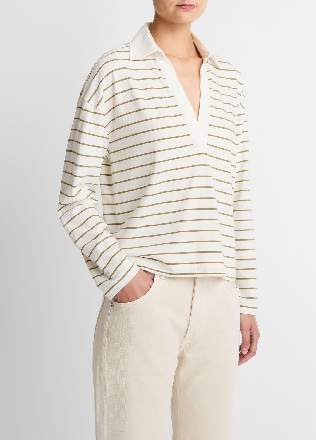 Striped Cotton Long-Sleeve Polo Shirt in Long Sleeve OLIVE STONE COMBO | VINCE Women