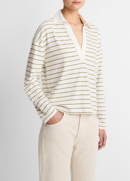 Striped Cotton Long-Sleeve Polo Shirt in Long Sleeve OLIVE STONE COMBO | VINCE Women