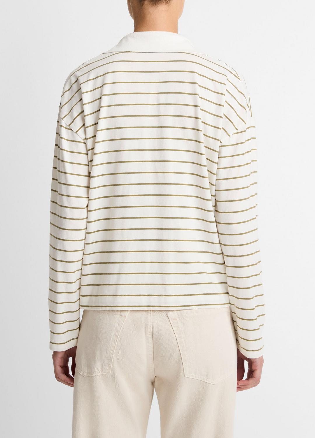 Striped Cotton Long-Sleeve Polo Shirt in Long Sleeve OLIVE STONE COMBO | VINCE Women