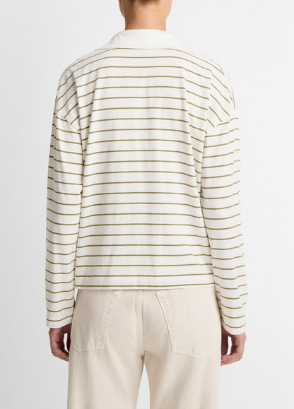 Striped Cotton Long-Sleeve Polo Shirt in Long Sleeve OLIVE STONE COMBO | VINCE Women