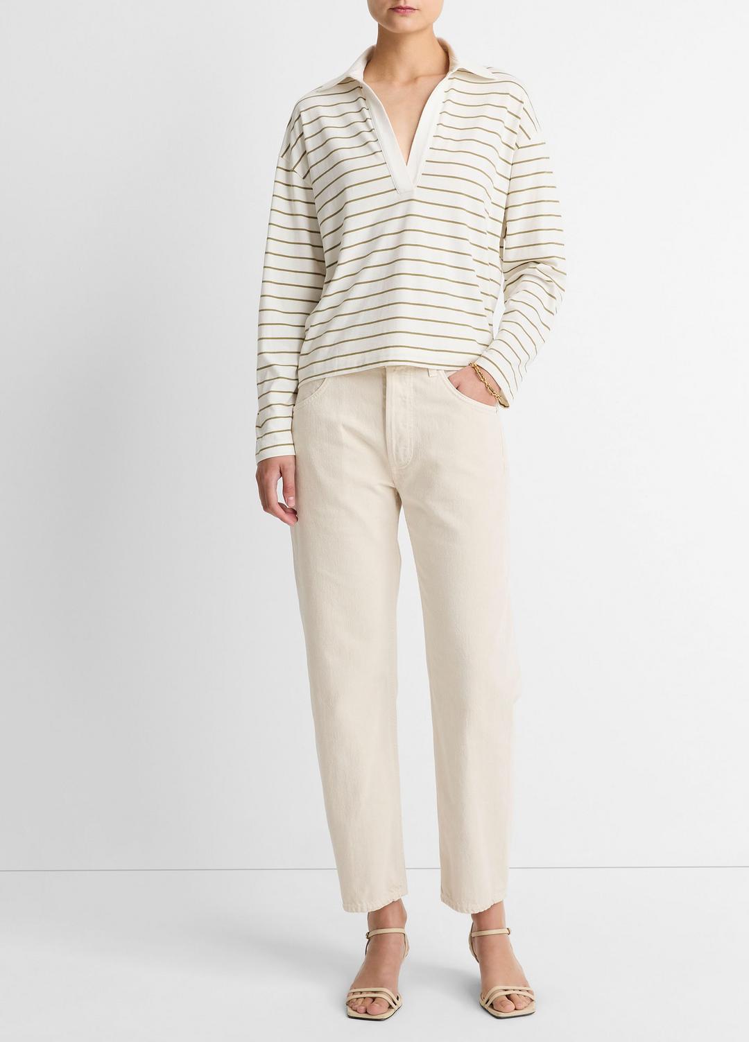 Striped Cotton Long-Sleeve Polo Shirt in Long Sleeve OLIVE STONE COMBO | VINCE Women