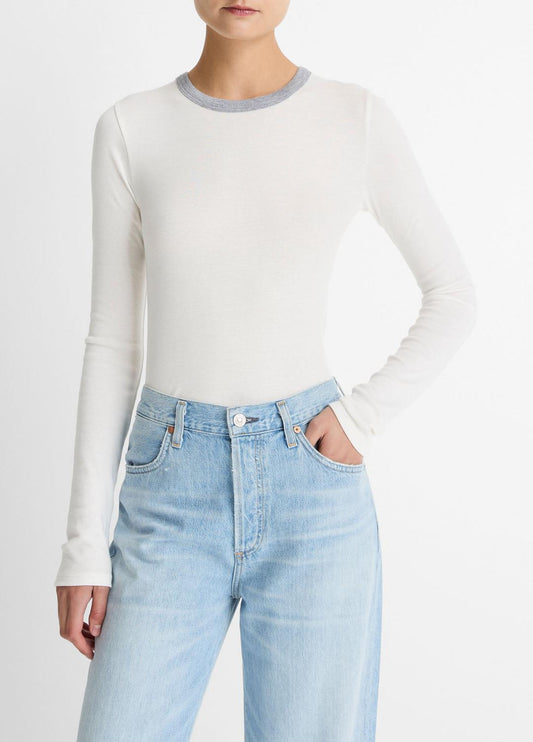 Tipped Heathered Pima Cotton-Blend Long-Sleeve T-Shirt in Long Sleeve OFF WHITE COMBO | VINCE Women