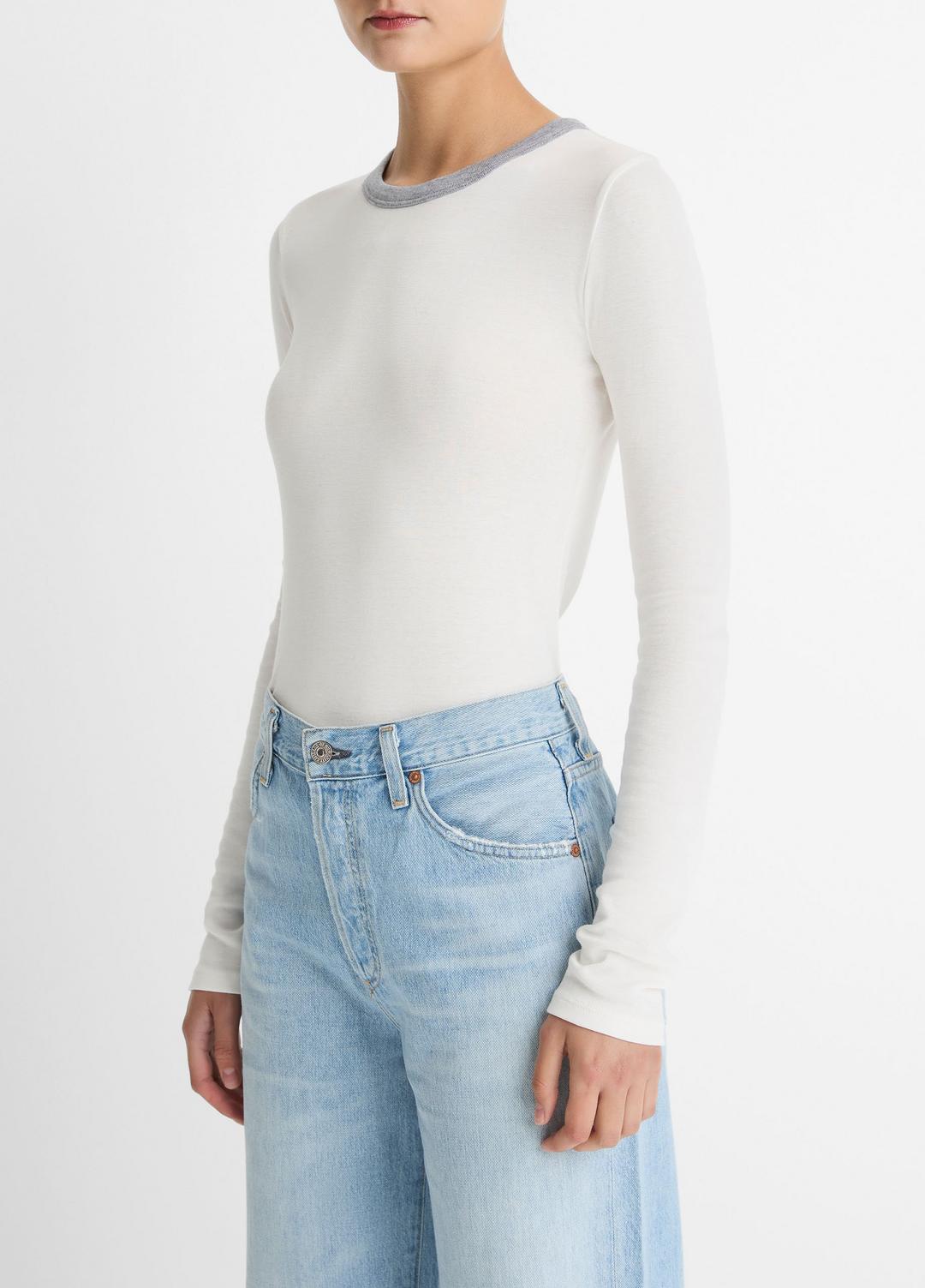Tipped Heathered Pima Cotton-Blend Long-Sleeve T-Shirt in Long Sleeve OFF WHITE COMBO | VINCE Women