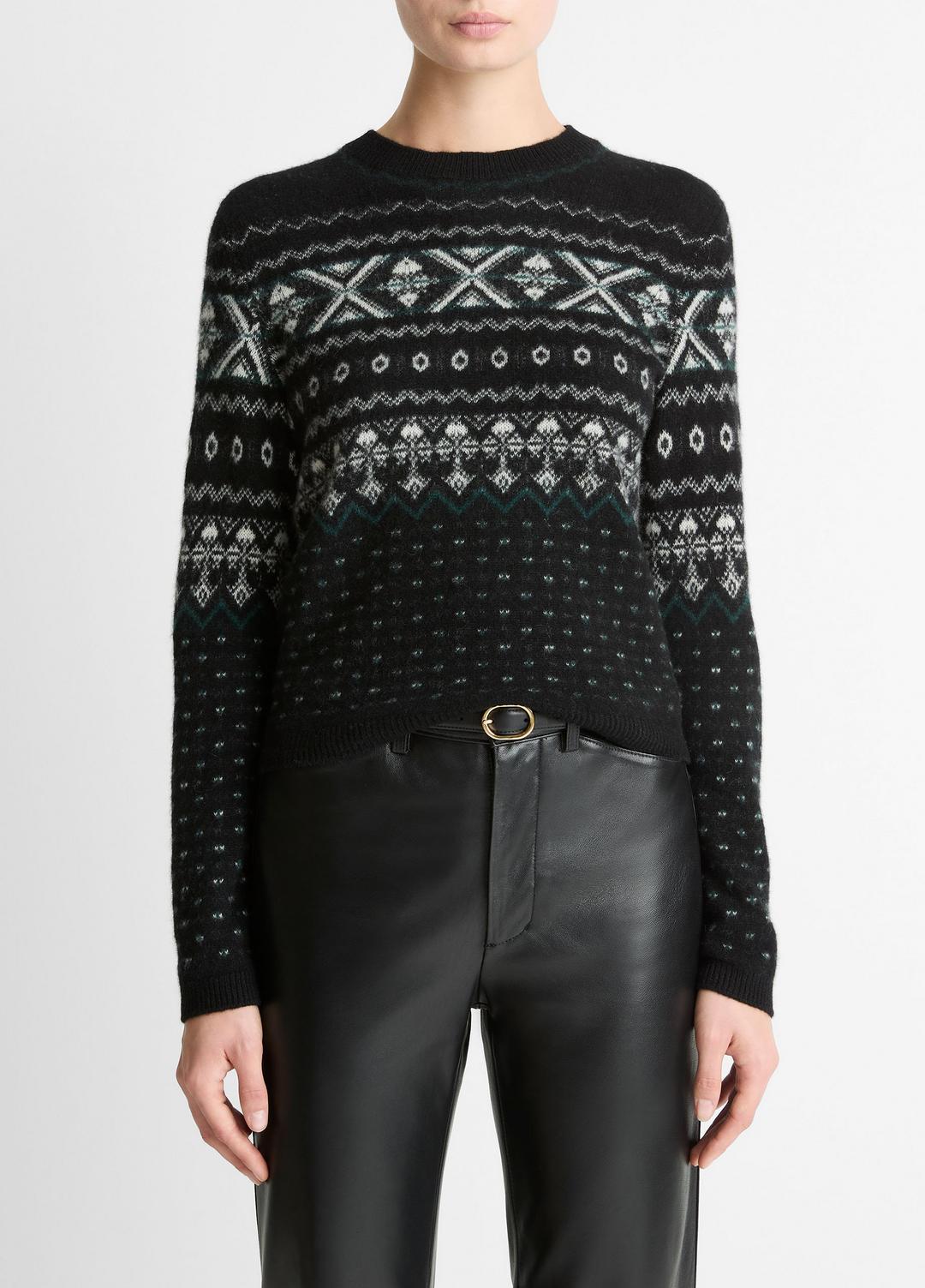 Fair Isle Plush Cashmere Sweater in Crew Neck BLACK/WHITE COMBO | VINCE Women