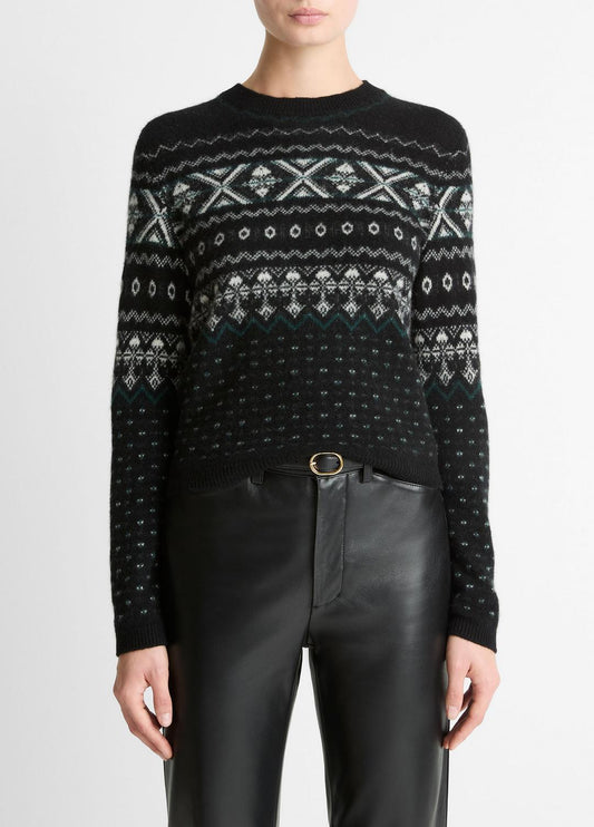 Fair Isle Plush Cashmere Sweater in Crew Neck BLACK/WHITE COMBO | VINCE Women