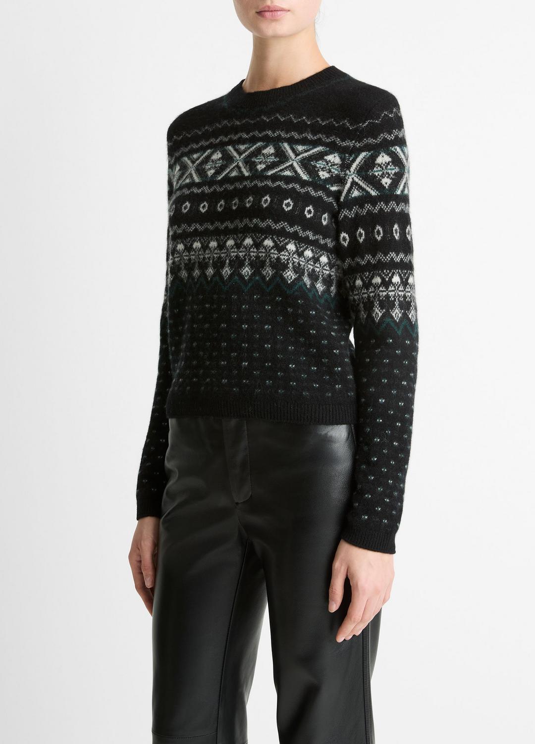 Fair Isle Plush Cashmere Sweater in Crew Neck BLACK/WHITE COMBO | VINCE Women