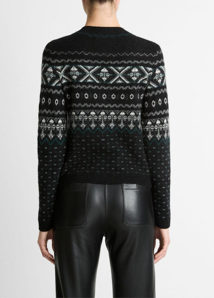 Fair Isle Plush Cashmere Sweater in Crew Neck BLACK/WHITE COMBO | VINCE Women