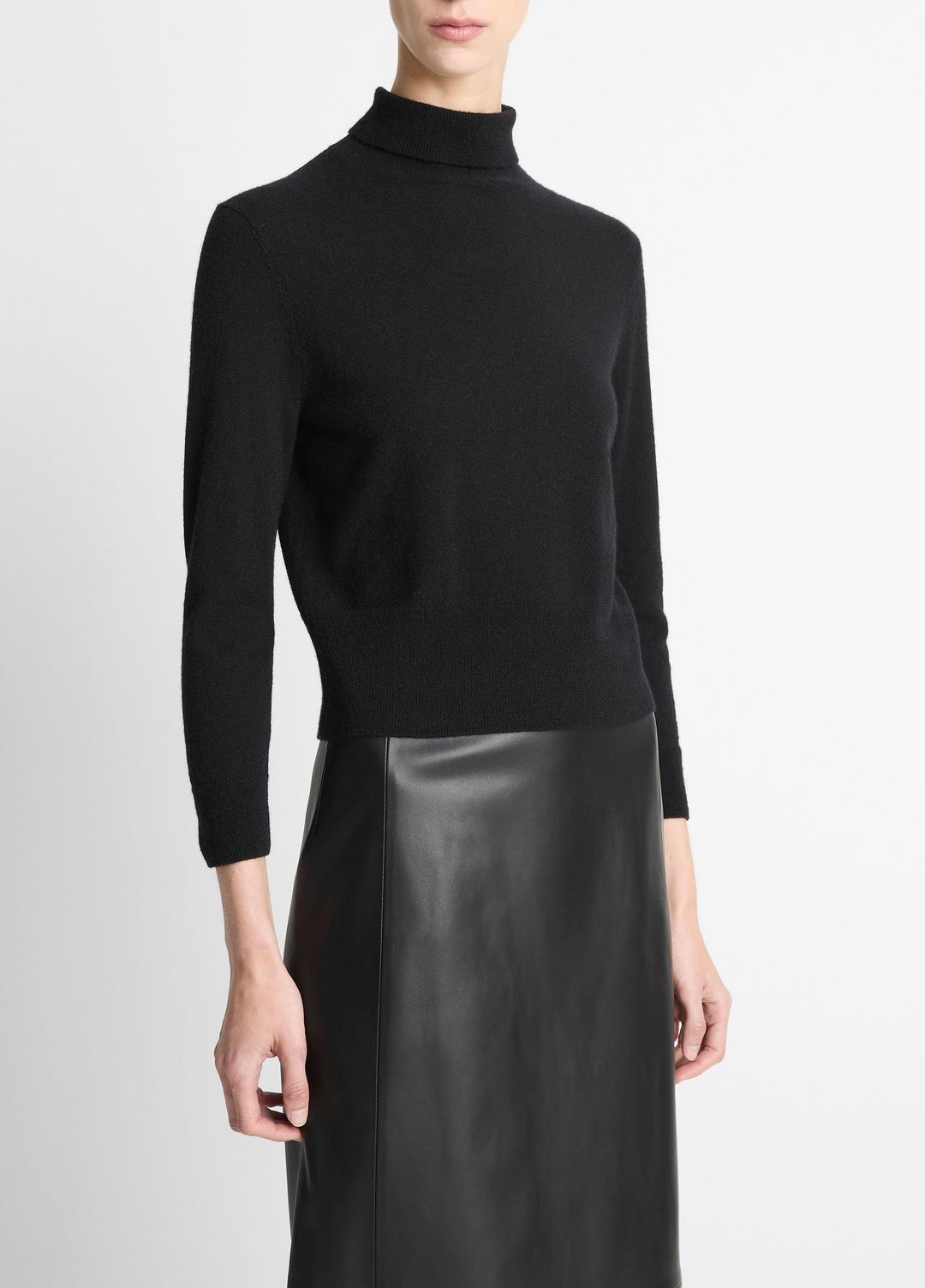 Cashmere-Silk Three-Quarter-Sleeve Mock-Neck Sweater in Turtleneck BLACK | VINCE Women