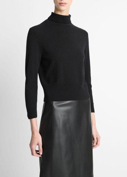 Cashmere-Silk Three-Quarter-Sleeve Mock-Neck Sweater in Turtleneck BLACK | VINCE Women